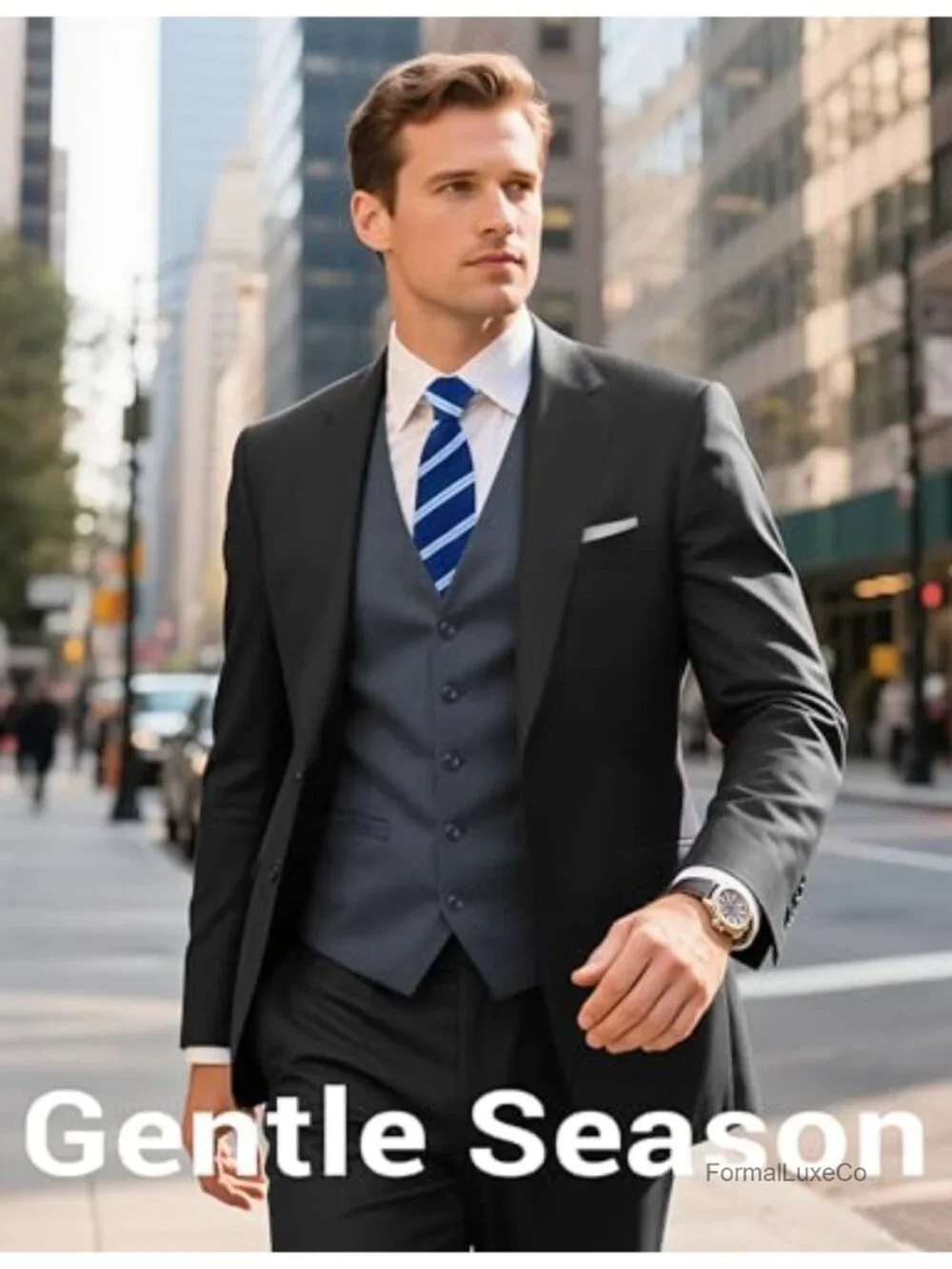 Slim Fit Men's Formal Suit Vest with Tie & Pocket Square, Adjustable Waist